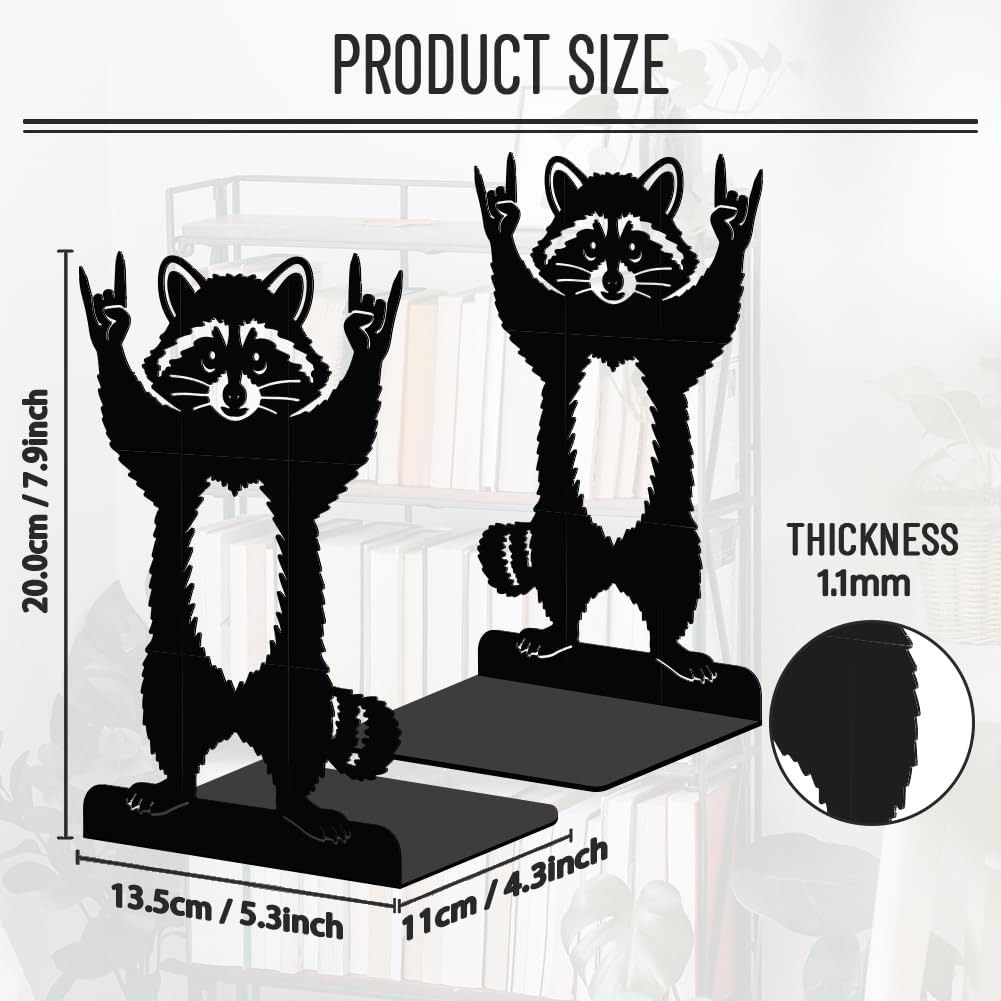 WADORN 1 Pair Rock Roll Raccoon Metal Decorative Bookend for Shelves, Heavy Duty Book Ends Modern Non-Skid Books Holder Stand Black Book Support Stoppers for Office Desk Bookshelf, 5.3x4.3x7.8 Inch