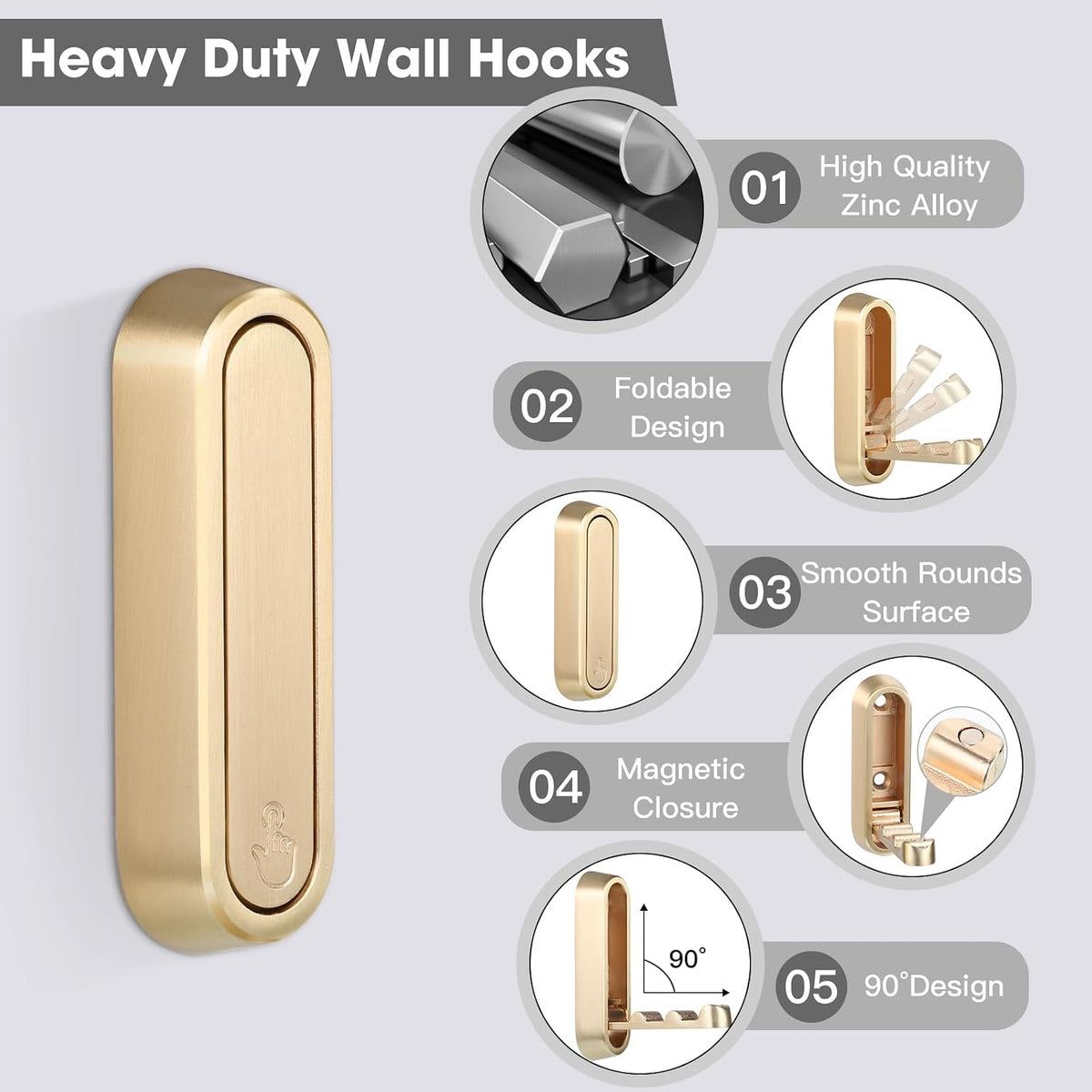 Foldable Wall Hook, Gold, 4 Pack, Screw Mounted, Heavy Duty Coat Hooks