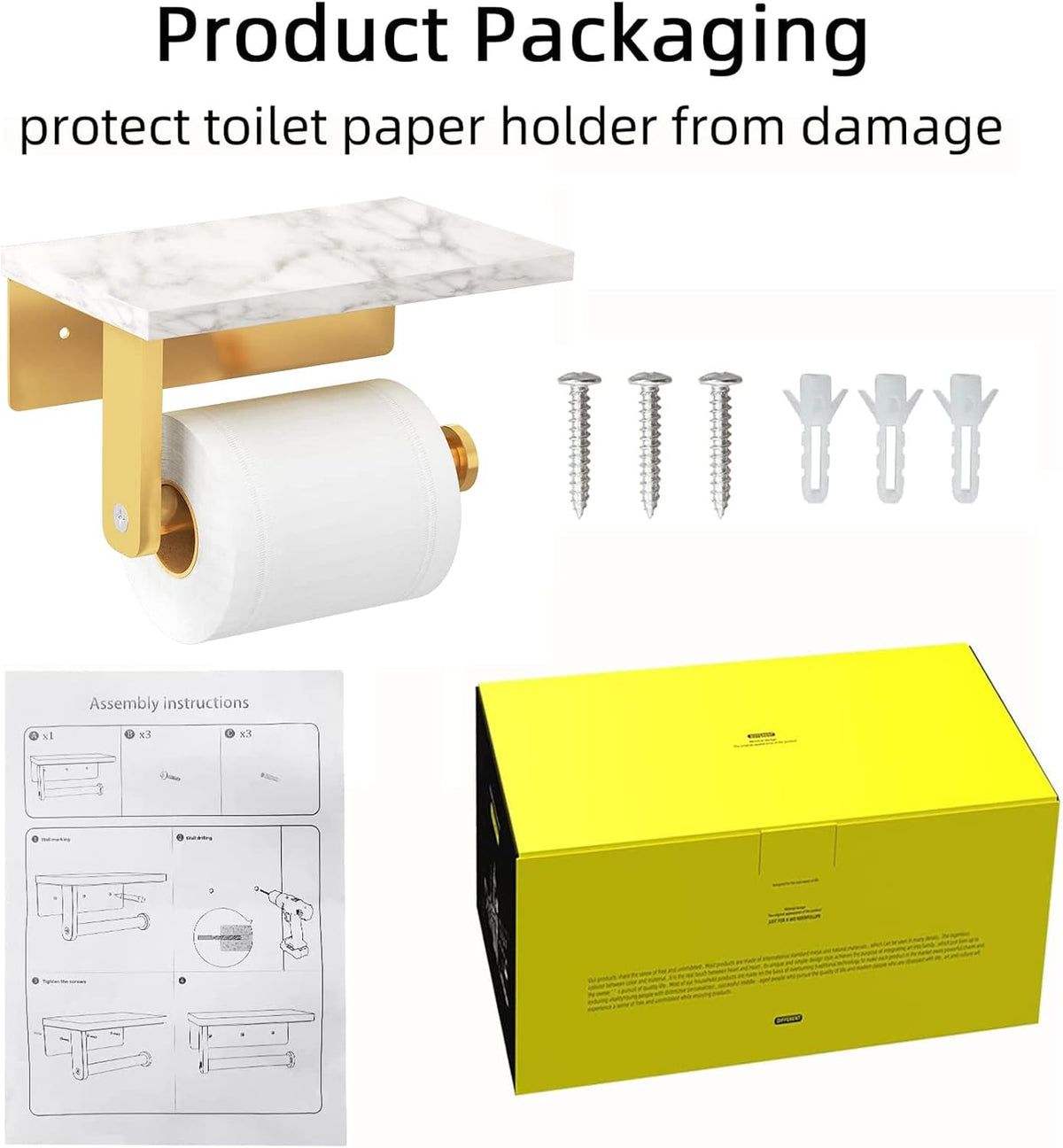 Gypie Toilet Paper Holder with Marble Shelf, Wall Mounted Gold