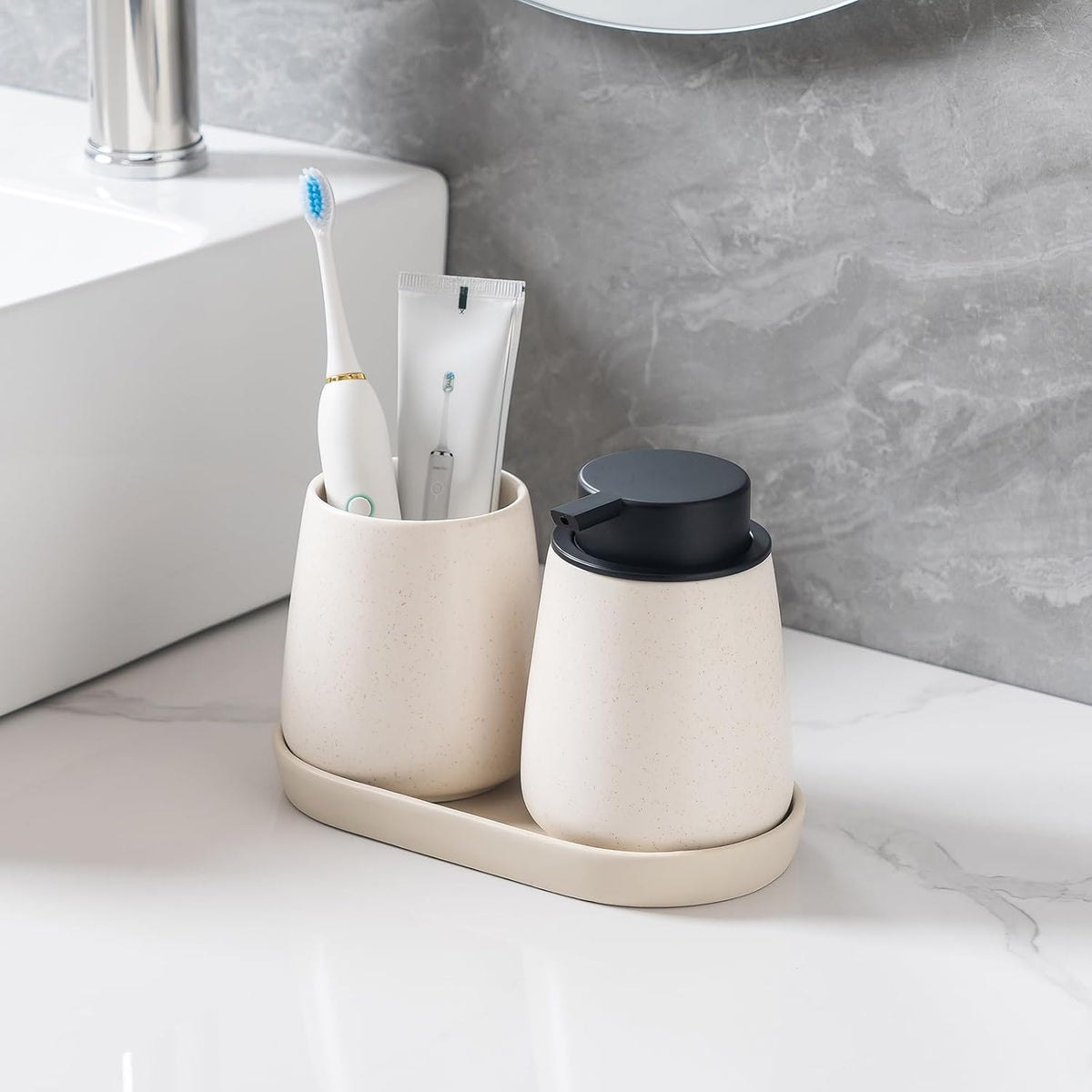 2 Pack Matte Beige Round Soap Dispenser Tray - 8'' Ceramic Vanity Tray & Organizer Plate Set, Bathroom & Kitchen Countertop Decor for Soap Dispenser, Jewelry, Cosmetics, Sink