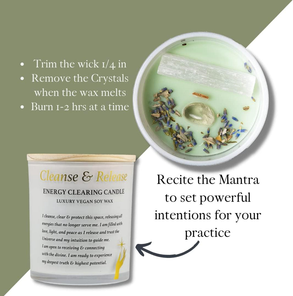 Sage Candles for Cleansing – White Sage Smudge Wood Wick Candles that Crackle with Selenite Crystal & Quartz for Home Rituals & Manifestation