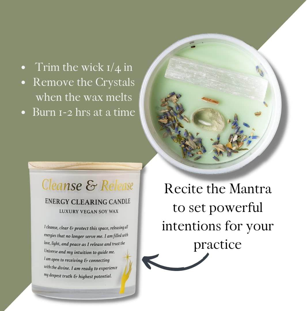 Sage Candles for Cleansing – White Sage Smudge Wood Wick Candles that Crackle with Selenite Crystal & Quartz for Home Rituals & Manifestation