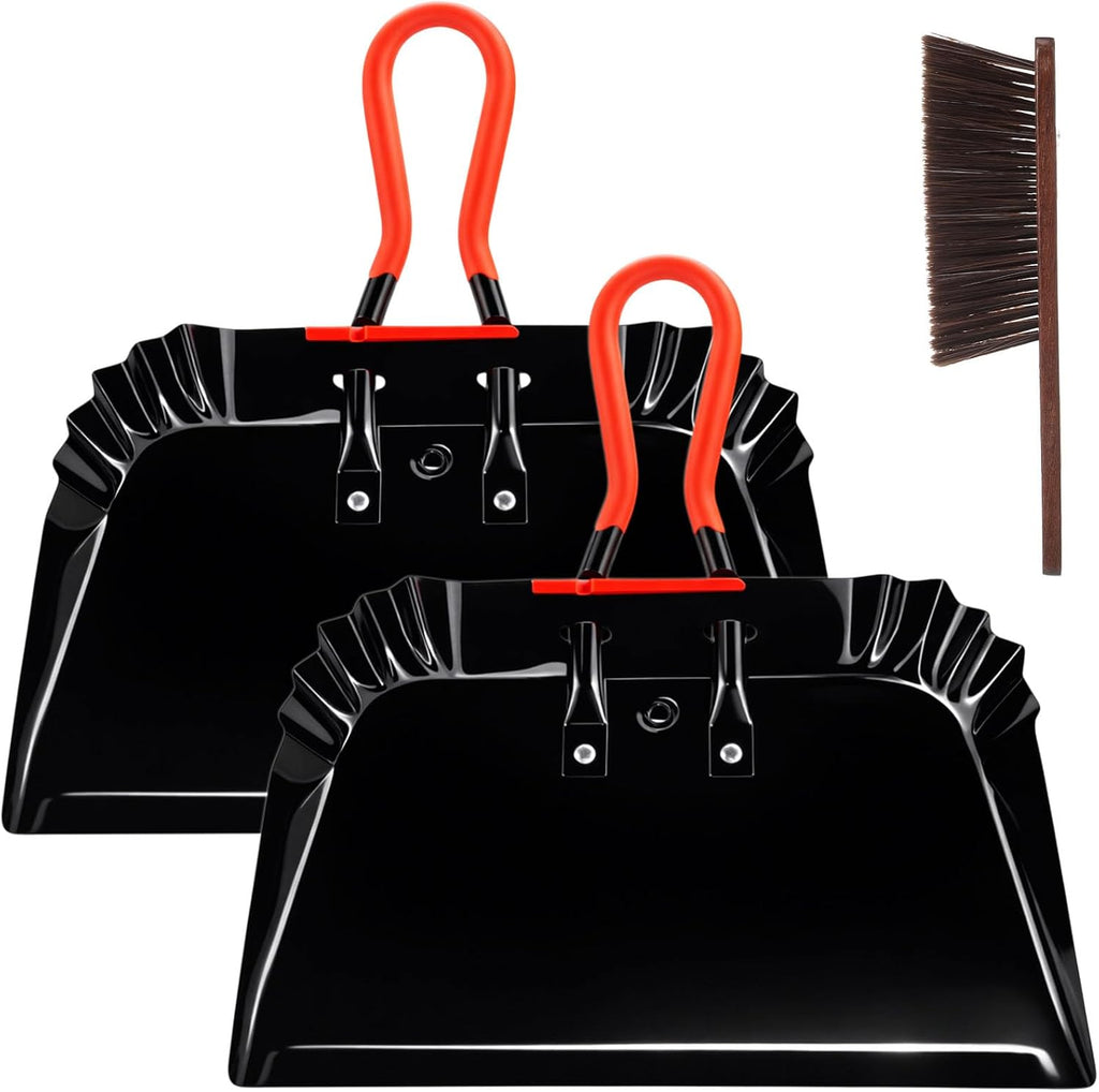 2 Metal Dustpans with Hand Brush, 17 Inch Heavy Duty Cleaning Set, Black