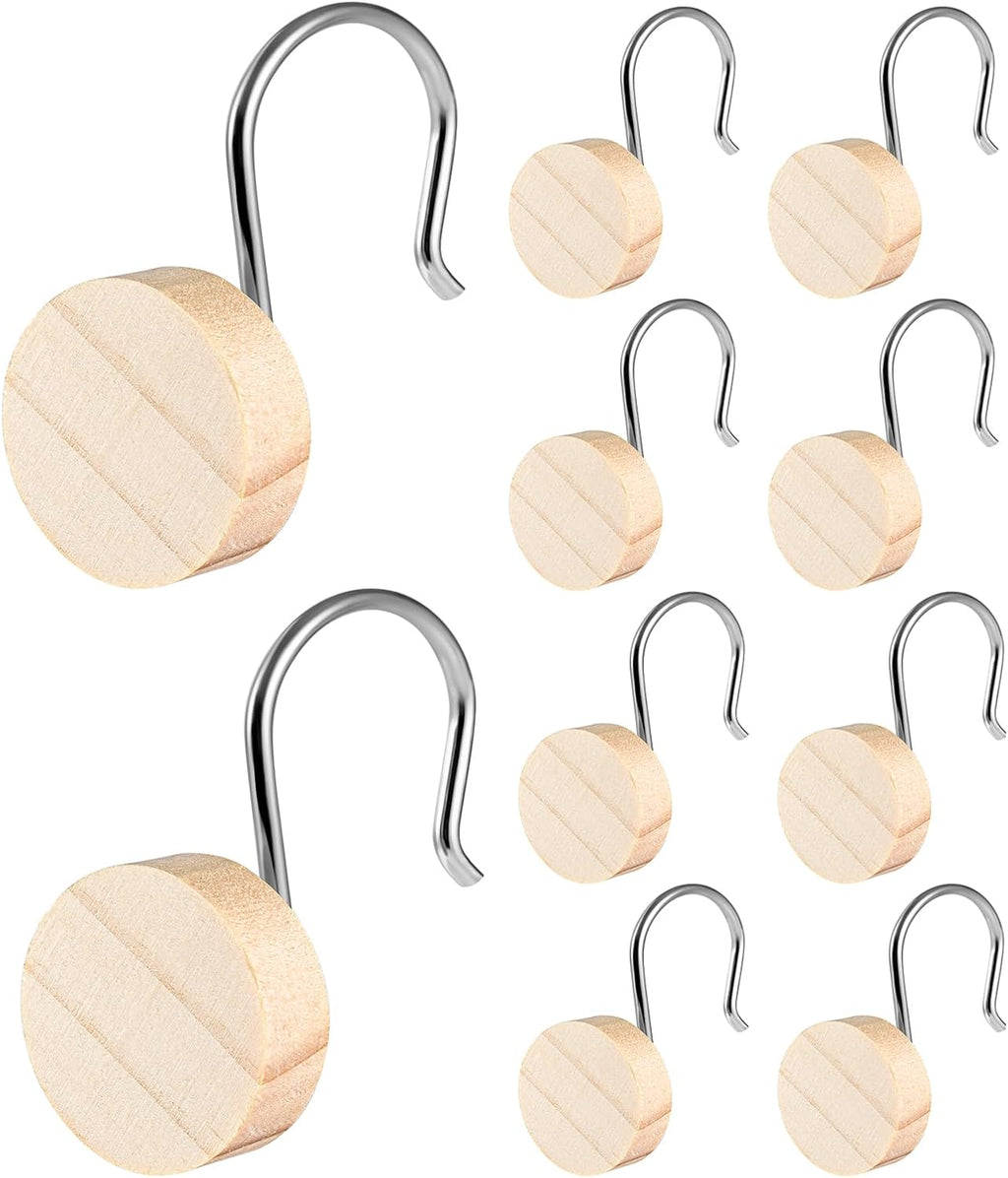 Wood Shower Curtain Hooks with Silvery Metal Rings, Set of 12 Decorative Hardware for Bathroom Rods