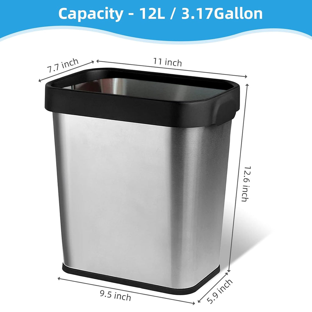 TooCust 2 Pack Stainless Steel Trash Can 3 Gallon, Open Top Trash Can, 8" x 11" x 13", Rectangle Rubbish Bin, Slim and Narrow, No Lid Small Wastebasketfor Kitchen, Bathroom, Living Room, Office