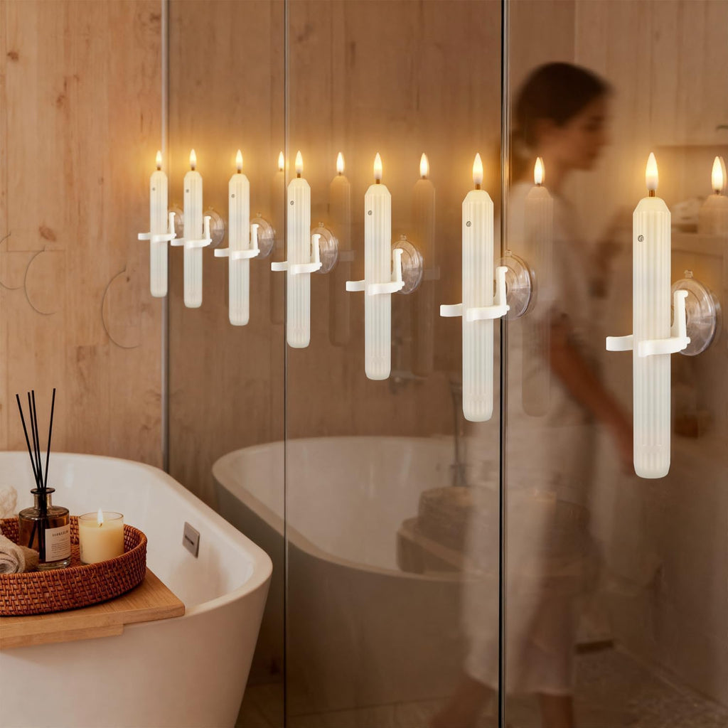 12 Flameless Led Taper Windows Candles with Sensor Dusk to Dawn & Ivory Striped Candlesticks with Suction Cups, Roman Column Christmas Window Candle Battery Operated for Home Decor