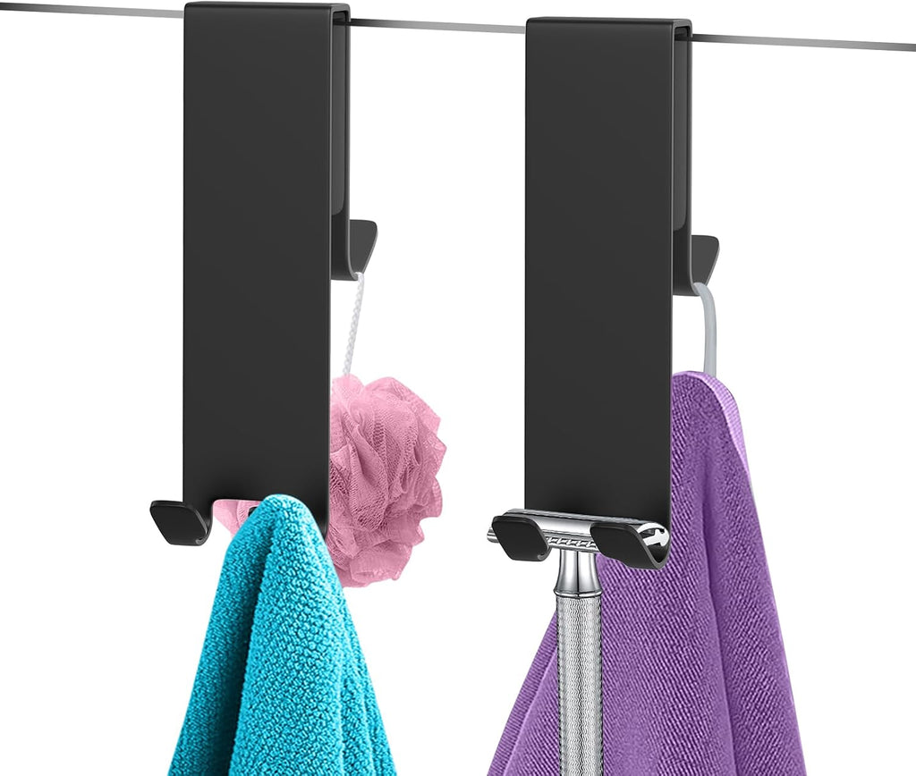 Double-Sided Over The Door Hooks 2-Pack - for Frameless Glass Showers, Heavy Duty No Drill Organizer for Towels Robes, Space Saving Black