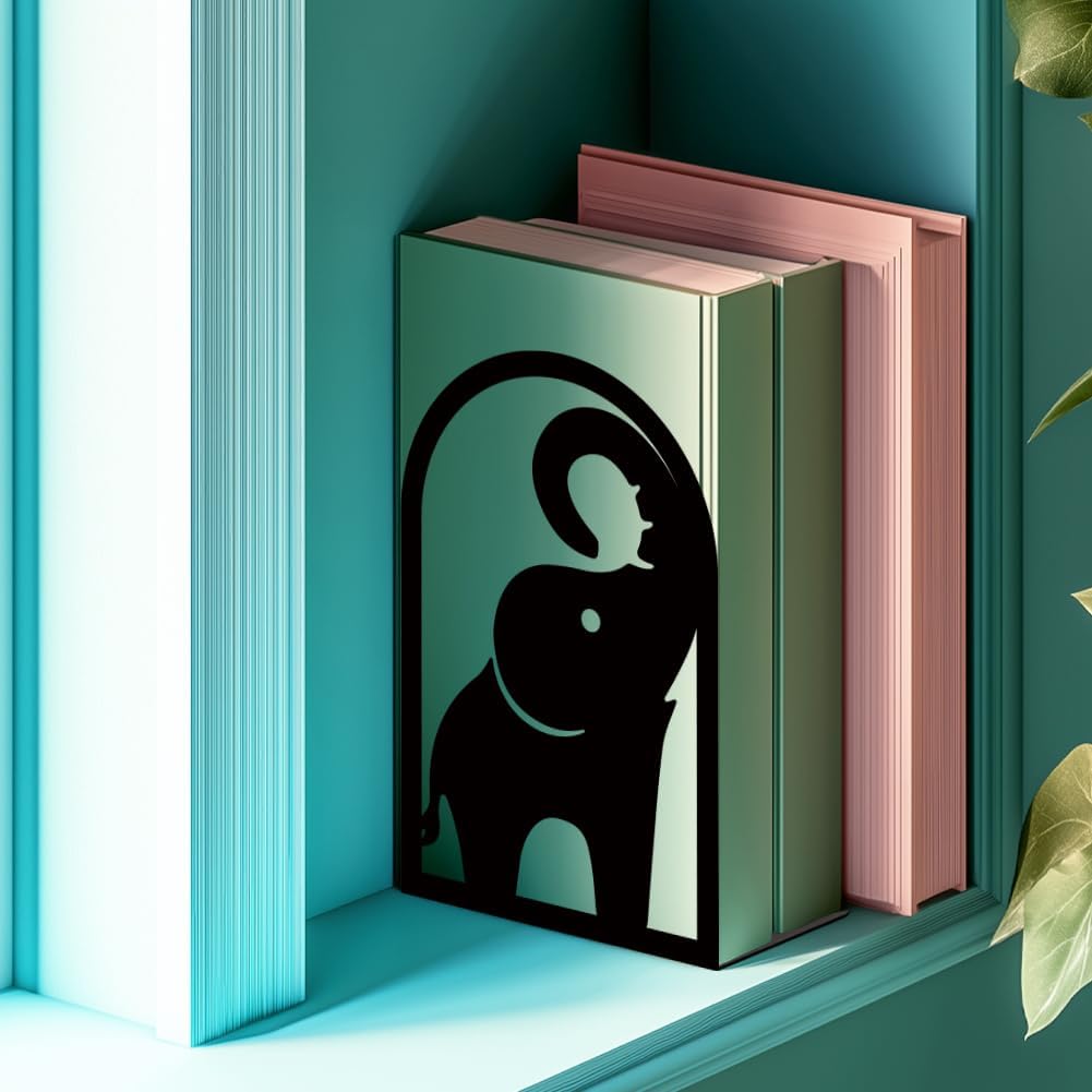 INFUNLY 1 Pair Metal Book Ends for Shelves Elephant Trunk Black Bookshelf Holder Stand Black Book Stopper Support for Desktop 7.1x4.7x3.5 for Home Office Library School Kitchen Decor