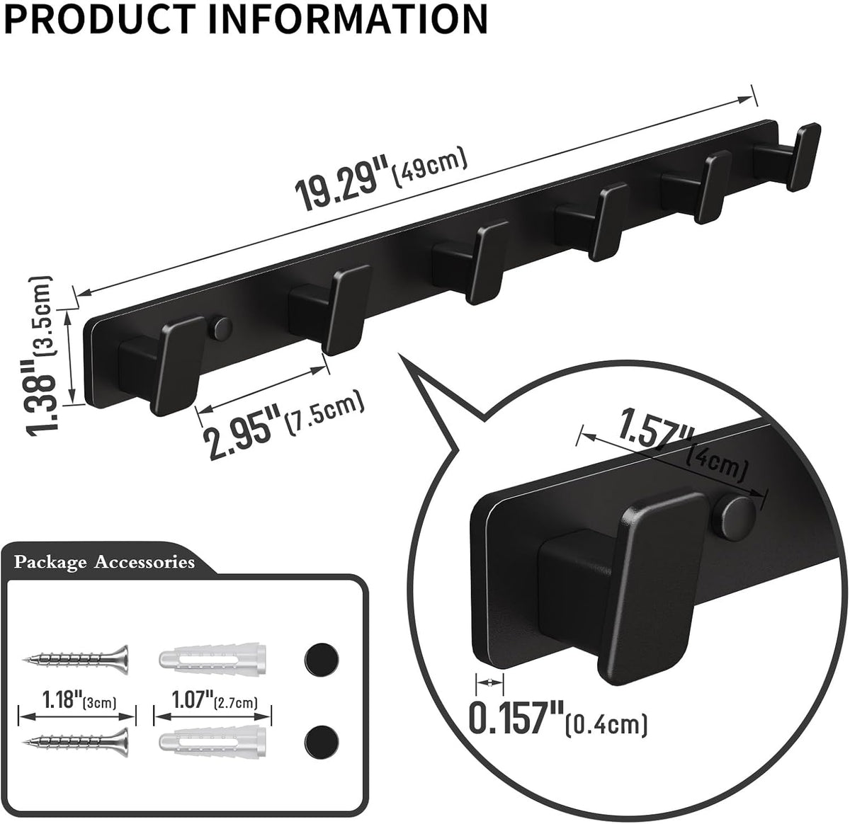 Black Wall Mount Coat Rack, 6 Wall Hooks For Hanging Key Holder Hat Hooks