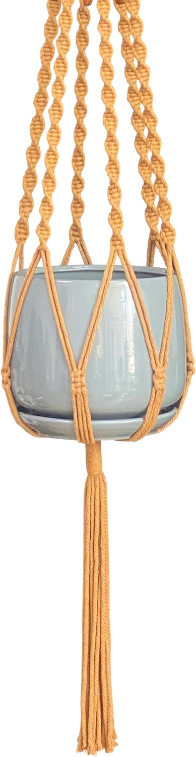 6 Legs Macrame Natural Brown Cotton Plant Hanger & Holder and Metal Ring, 51-inches Length (Without the White Pot and Plant) (Brown)