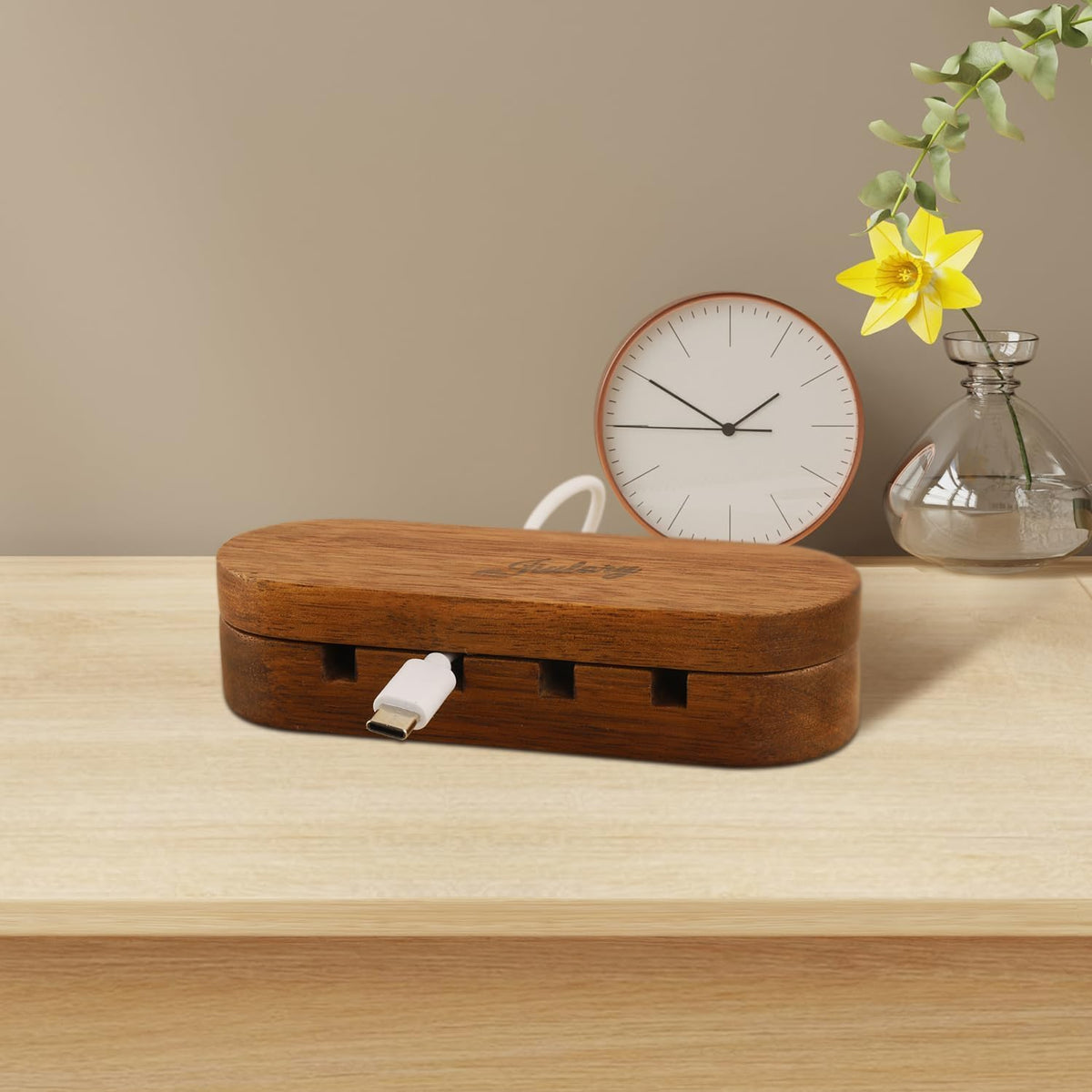 Cable Holder - Cord Organizer Cable Management Clips - Wire Holder System for Phone Chargers, USB Cables - Home, Office, Nightstand, Desk Organizer (Acacia Wood Color)