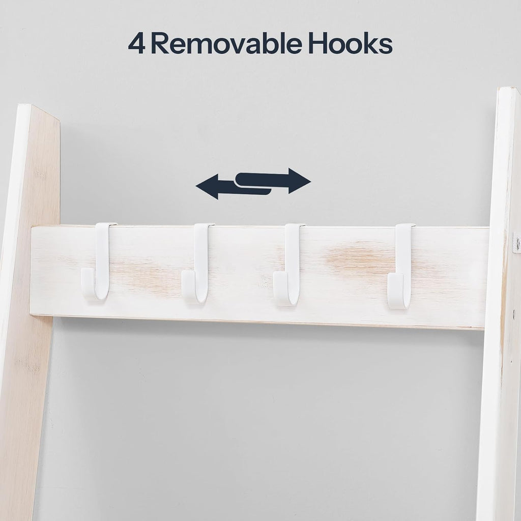 HOOBRO Blanket Ladder for Living Room and Bedroom, 5-Tier Wall Leaning Towel Rack for Bathroom, Decorative Ladder Shelf with 4 Removable Hooks, Farmhouse Blanket Storage, White WW51CJ01G1