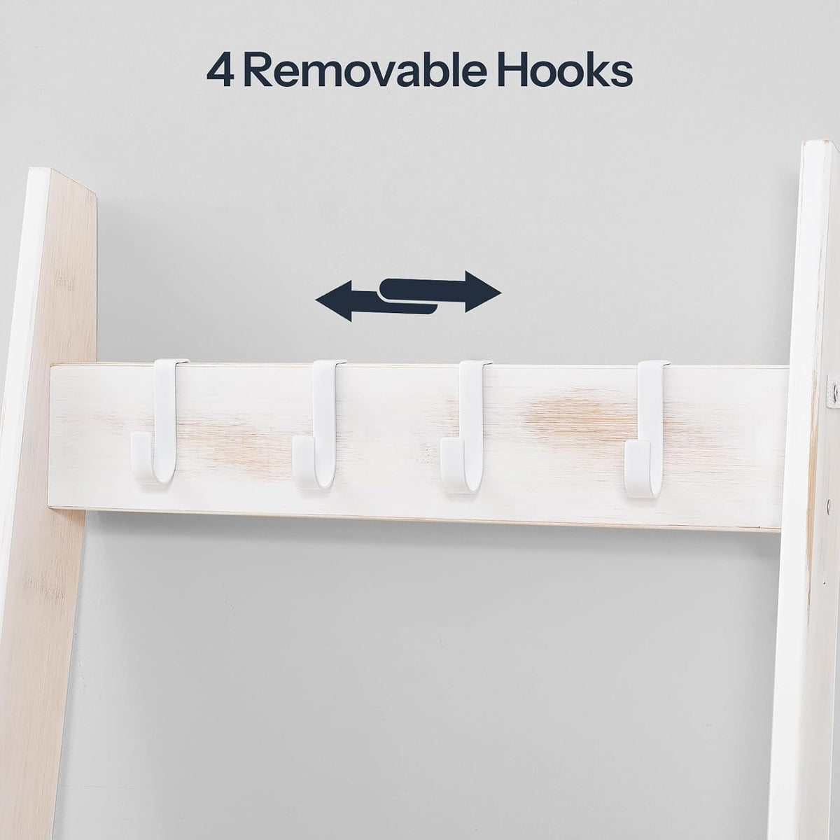 HOOBRO Blanket Ladder for Living Room and Bedroom, 5-Tier Wall Leaning Towel Rack for Bathroom, Decorative Ladder Shelf with 4 Removable Hooks, Farmhouse Blanket Storage, White WW51CJ01G1
