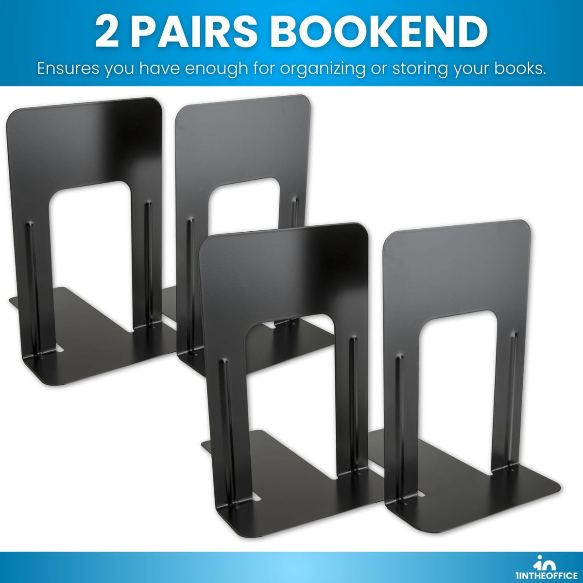 1InTheOffice Bookends for Shelves, Metal Bookends, 4 3/4" x 5 1/4" x 5", Non-Slip, Black, 4 Pack