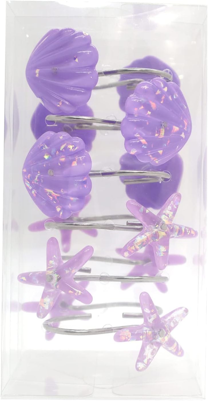 Seashell Shower Curtain Hooks, 12PCS Stainless Steel Anti Rust Starfish and Seashell Decorative Shower Hooks Ocean Theme Shower Curtain Hooks for Home Bathroom (Purple Seashell)