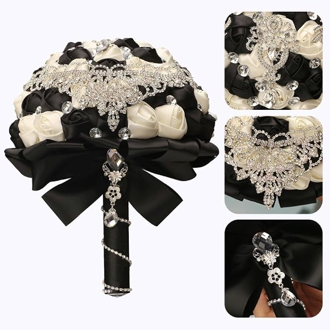 Handmade Luxury Wedding Bridal Bouquet Large Silk Rose Holding Toss Artificial Flowers Bouquets with Satin Ribbon Pearls Rhinestone for Bride Vintage Royal Wedding Bouquet (Black+Ivory)