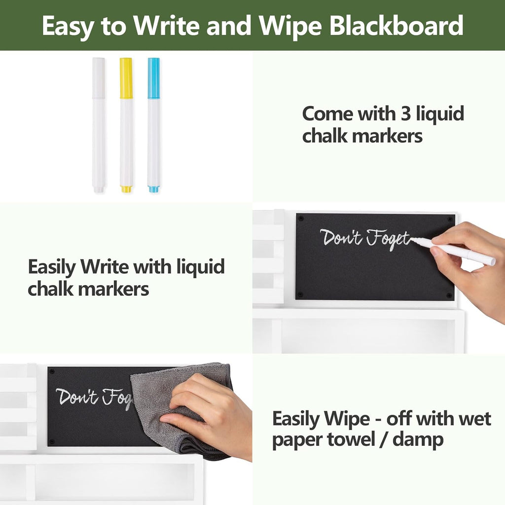 Key Holder for Wall, Wall Mounted Mail Holder Wooden with Shelf & 3 Liquid Chalks & Chalkboard, Mail Sorter Organizer, Rustic Home Decor - Entryway Living Room (15.98”W x 9.1”H x 3.3”D), White