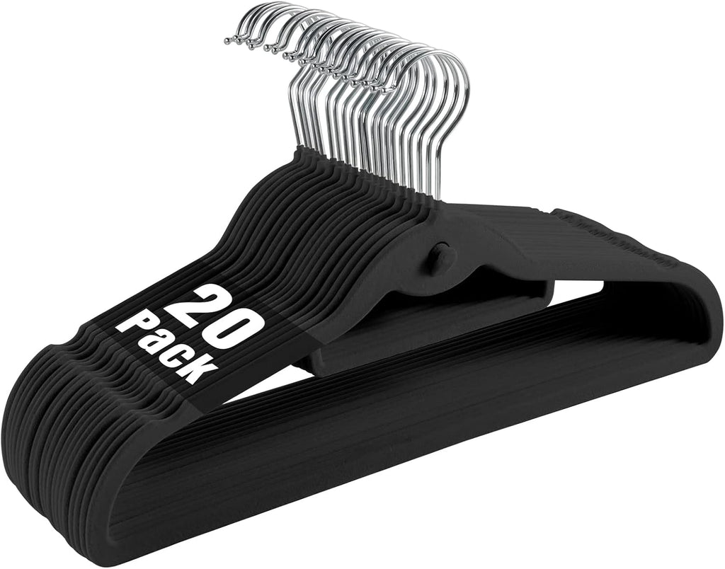 Velvet Clothing Hangers Slim Stackable Non-Slip Black Suit Hanger Space Saving Clothes Hanger Heavy Duty Adult Hangers with 360°Swivel Hook Pack of 20