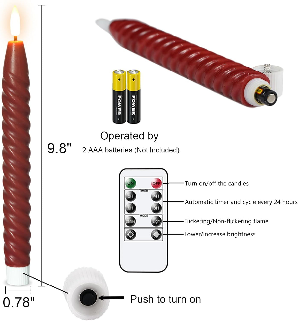 Red Flameless Taper Candles Flickering with Remote Timer