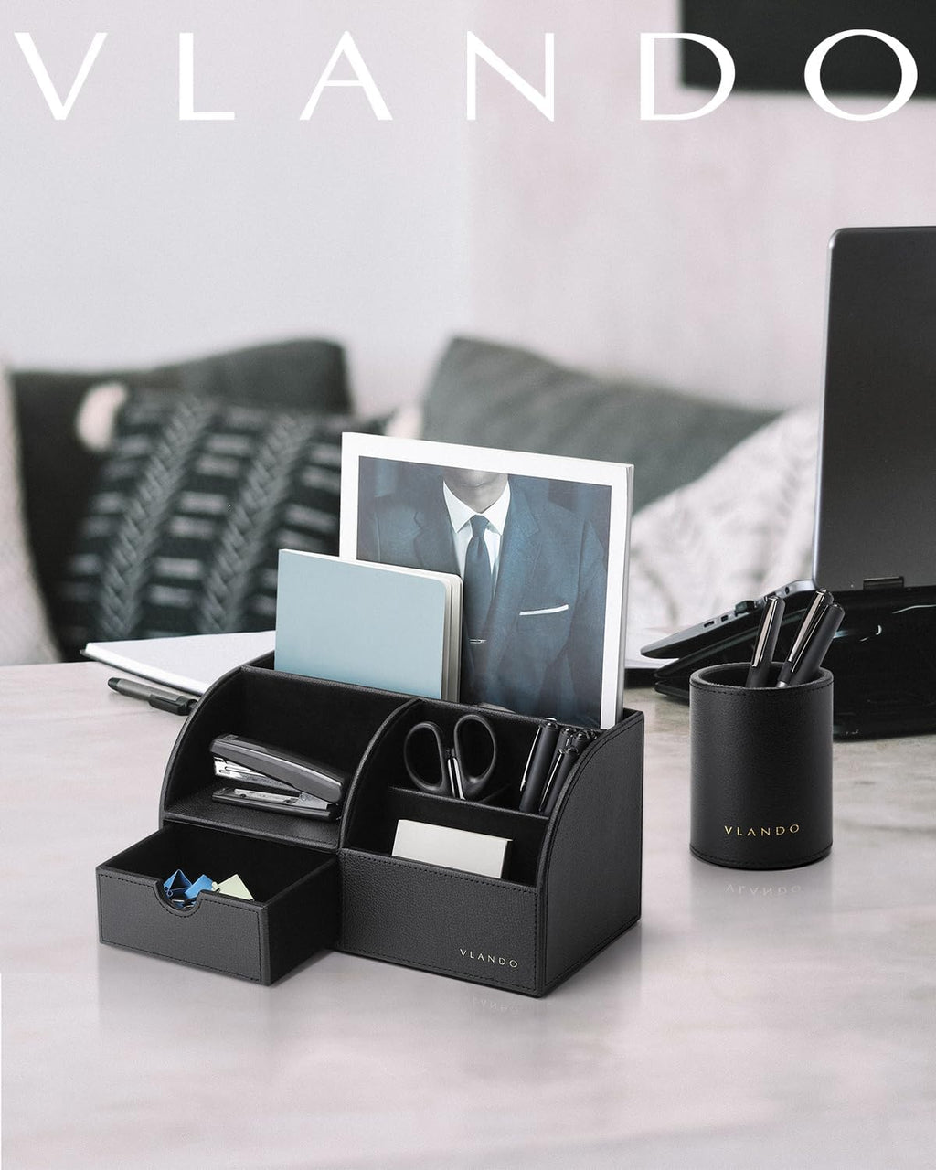 VLANDO 2 Pcs PU Leather Desk Caddy Set with Drawer,Pen Holder