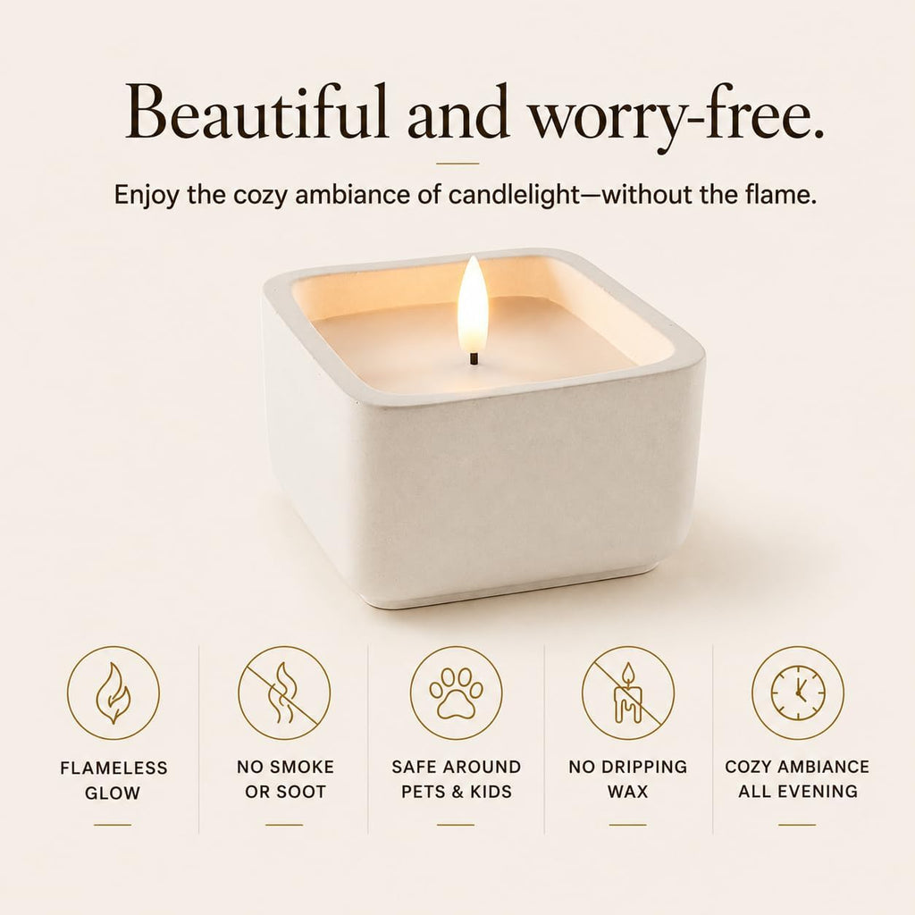 Flameless Candle - Square LED Candle with Real Wax in a Cement Base |Battery Operated, 500+ Hours | Housewarming Gift, Home Décor, Bathroom, Coffee Table (Ivory)