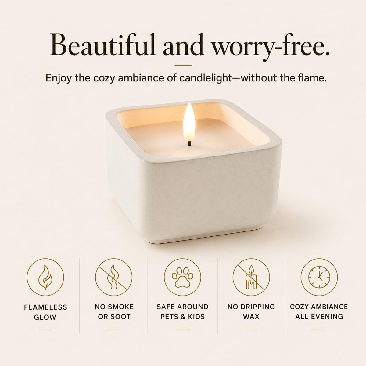 Flameless Candle - Square LED Candle with Real Wax in a Cement Base |Battery Operated, 500+ Hours | Housewarming Gift, Home Décor, Bathroom, Coffee Table (Ivory)
