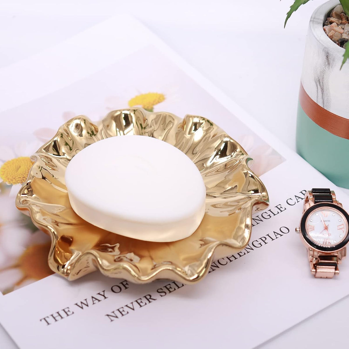 Lotus Leaf Soap Dish Gold Ceramic Soap Holder Self Draining Soap Dish Waterfall Slot Sponge Holder Bathroom Accessories for Bathroom, Kitchen,Bar Counter.