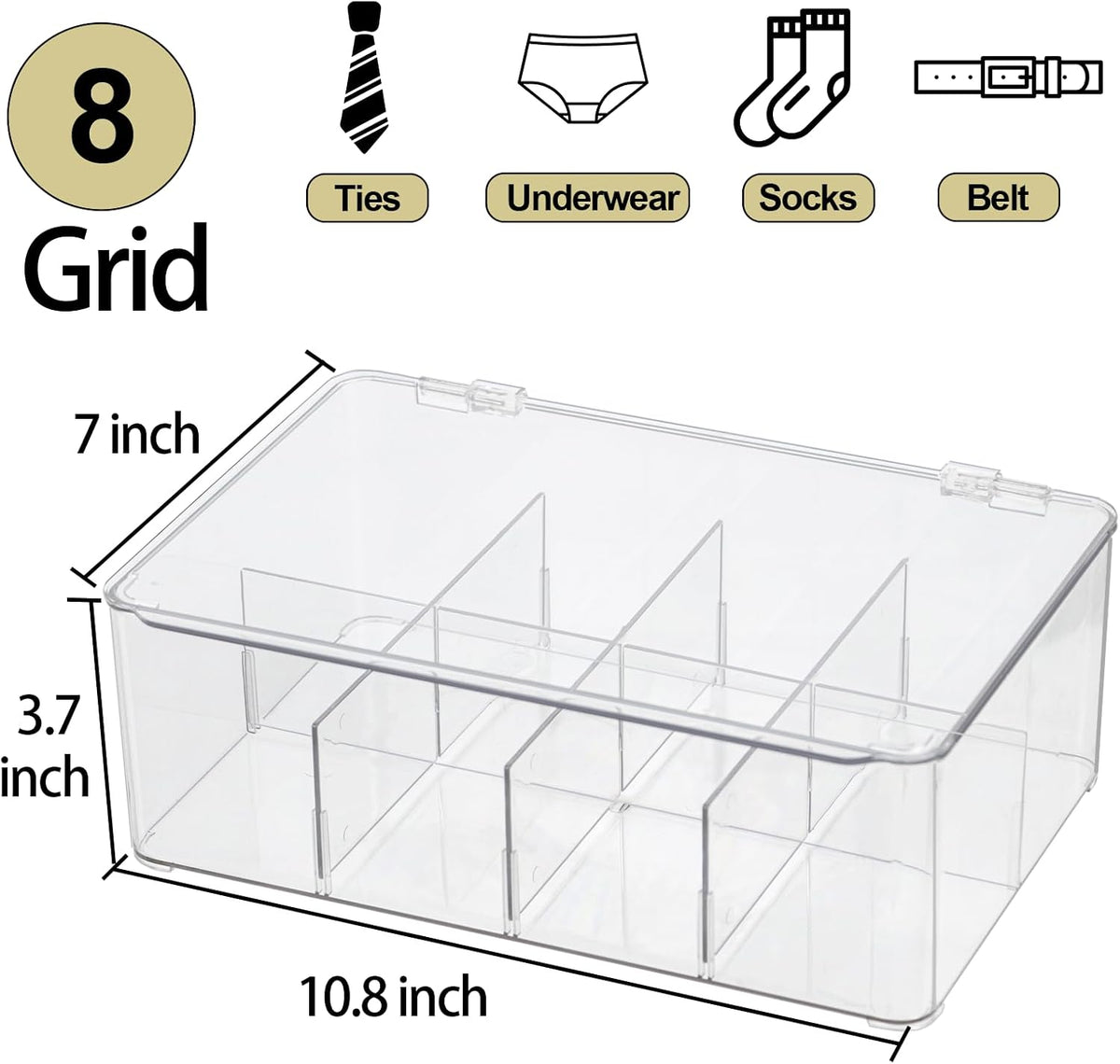 ZEXALOR Clear Tea Bag Organizer, Dresser Organizers Drawer Organzier Storage Container with Removable Dividers, Plastic Storage Bin with Lid, Organizer for Scarves Ties Bras