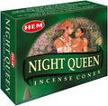 Hem Night Queen Incense Cones – Case of 12 Boxes (10 Cones Each) | Exotic Floral Aroma for Calmness, Positivity & Romance | Handcrafted Natural Cones for Meditation, Relaxation & Home Fragrance