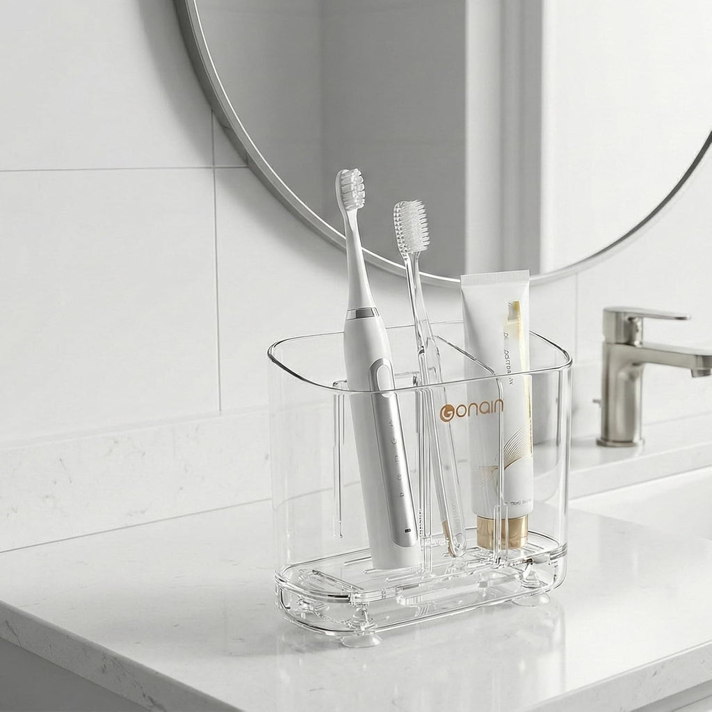 Acrylic Electric Toothbrush Holder with Detachable Base, 2 Slots Wall-Mounted Bathroom Storage Caddy, Clear Makeup Brush Organizer with Removable Divider for Toothpaste, Razors, Kitchen & Office Desk