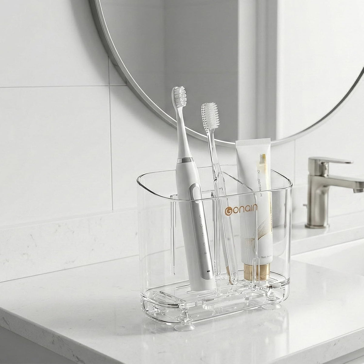 Acrylic Electric Toothbrush Holder with Detachable Base, 2 Slots Wall-Mounted Bathroom Storage Caddy, Clear Makeup Brush Organizer with Removable Divider for Toothpaste, Razors, Kitchen & Office Desk