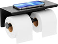 Double Toilet Paper Holder with Shelf, Wall Mount Tissue Roll Holder for Bathroom, 304 Stainless Steel Commercial Toilet Paper Dispenser with Phone Shelf, Matte Black