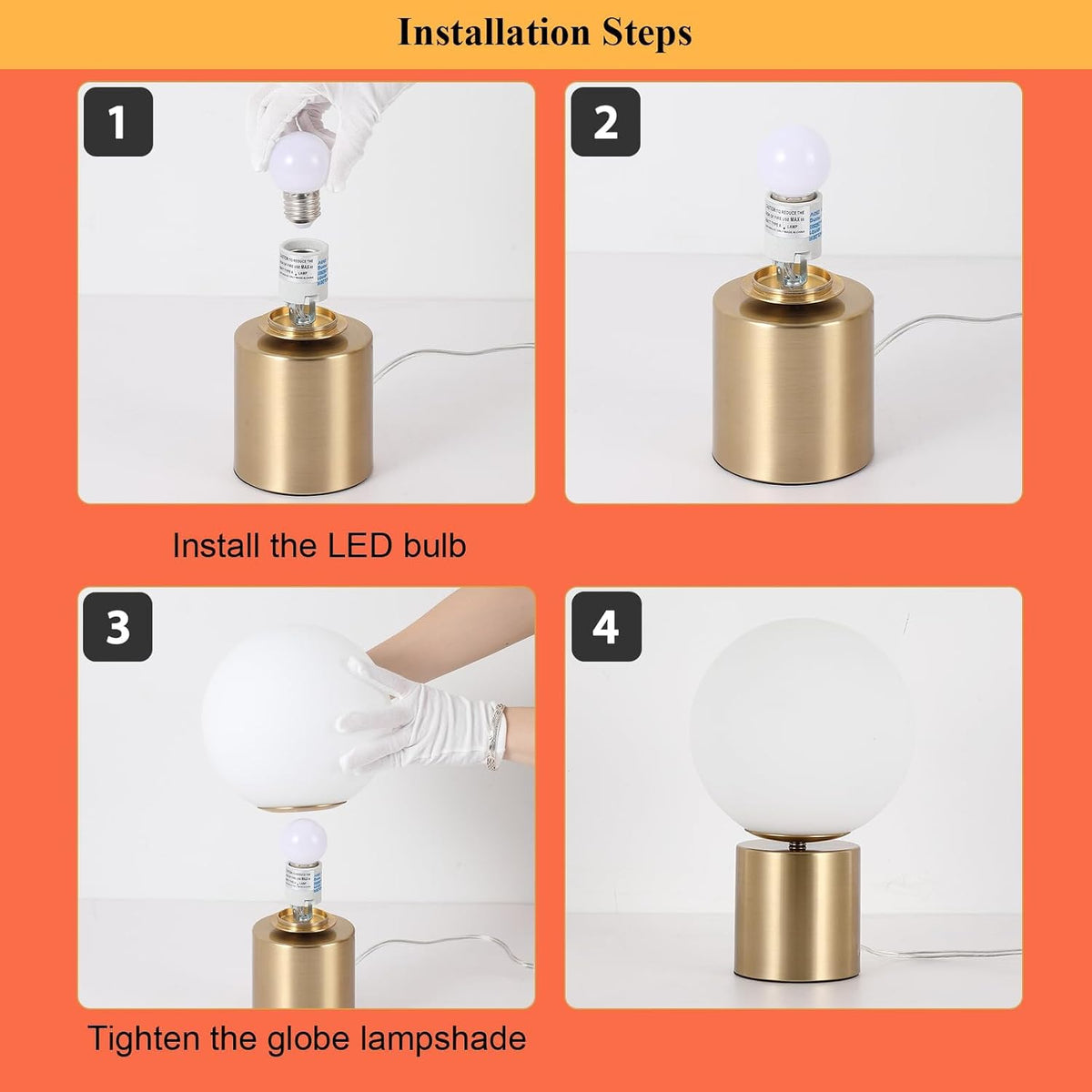 Modern Mid Century Gold Globe Table Lamp Set of 2, Round Bedside Nightstand Lamp with White Glass Shade Metal Base Desk Lamp for Bedroom Living Room End Table
