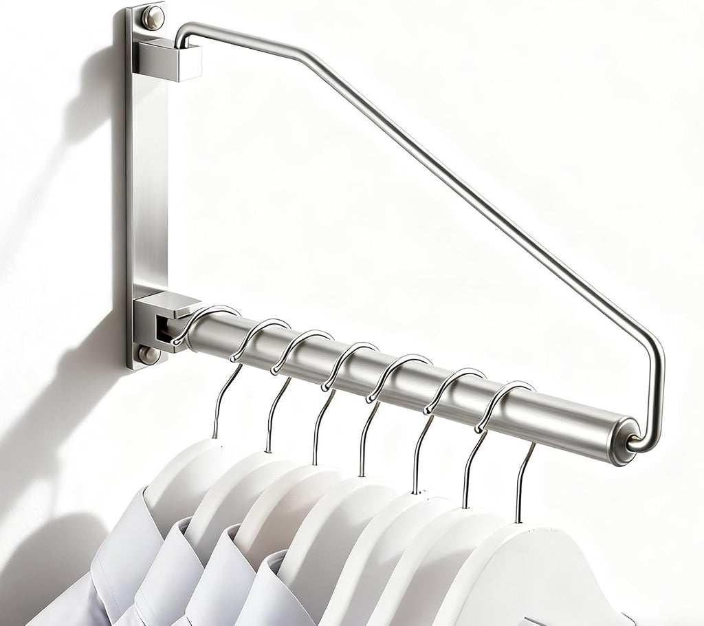 Folding Wall Mounted Clothes Hanger Rack Clothes Hook Solid Brass with Swing Arm Holder Clothing Hanging System Closet Storage Organizer Heavy Duty Drying Rack Wall Mount,Brushed Nickel