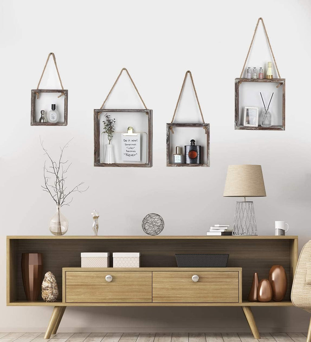 J JACKCUBE DESIGN Wall Decor Floating Hanging Square Shelves Wall Mounted Rustic Wood Cube Display Shelf Shadow Boxes Decorative Boho Home Décor for Living Room, Bedroom, Office, Set of 4 - MK571A