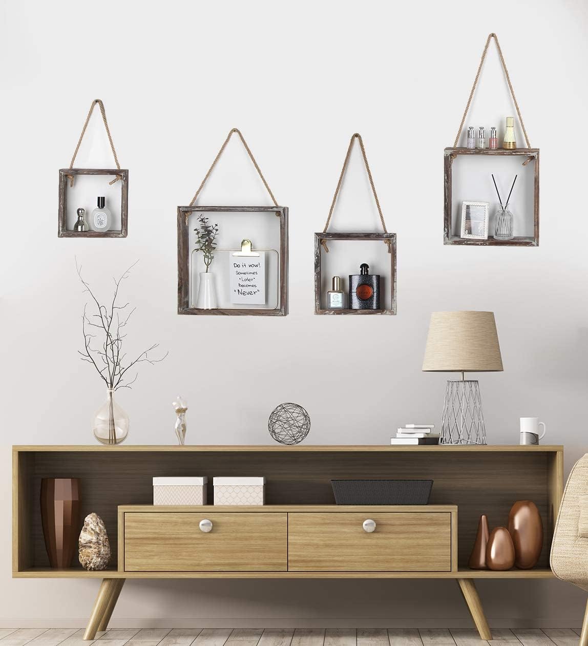 J JACKCUBE DESIGN Wall Decor Floating Hanging Square Shelves Wall Mounted Rustic Wood Cube Display Shelf Shadow Boxes Decorative Boho Home Décor for Living Room, Bedroom, Office, Set of 4 - MK571A