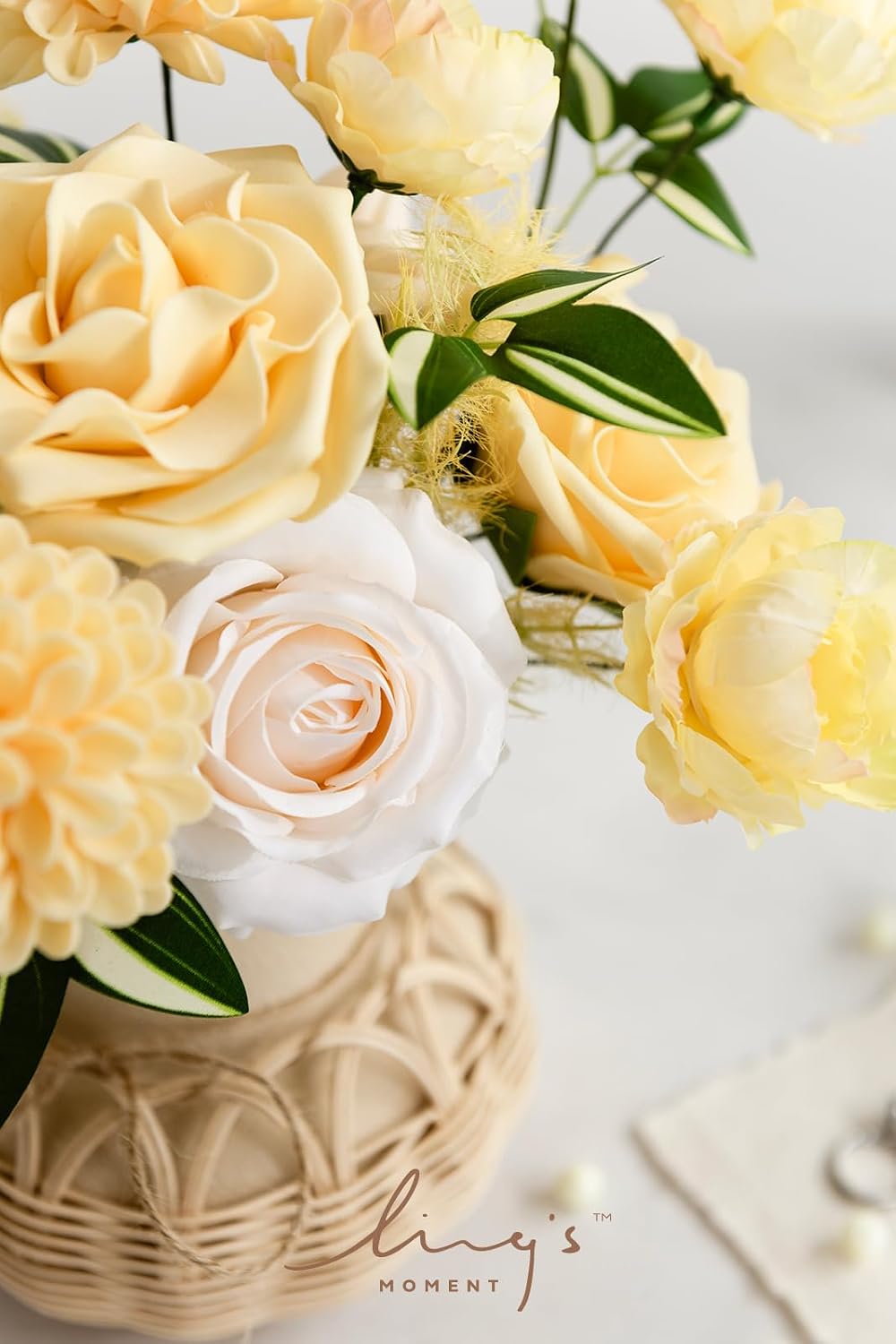 Ling's moment Artificial Flowers Fake Silk Roses Faux Foam Dahlia Yellow
