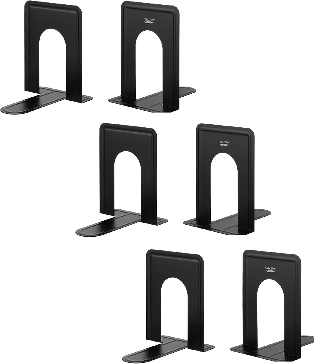 Mr. Pen- Book Ends, Black, 6 Pack, Heavy Duty Metal Bookends for Shelves