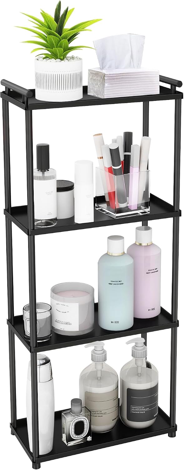 VOTZAAQ Matte Black 4 Tier Bathroom Organizer Countertop, Stainless Steel Perfume Tray and Vanity Countertop Shelf, Makeup Skin Care Bathroom Organizers and Storage for Dresser, Kitchen