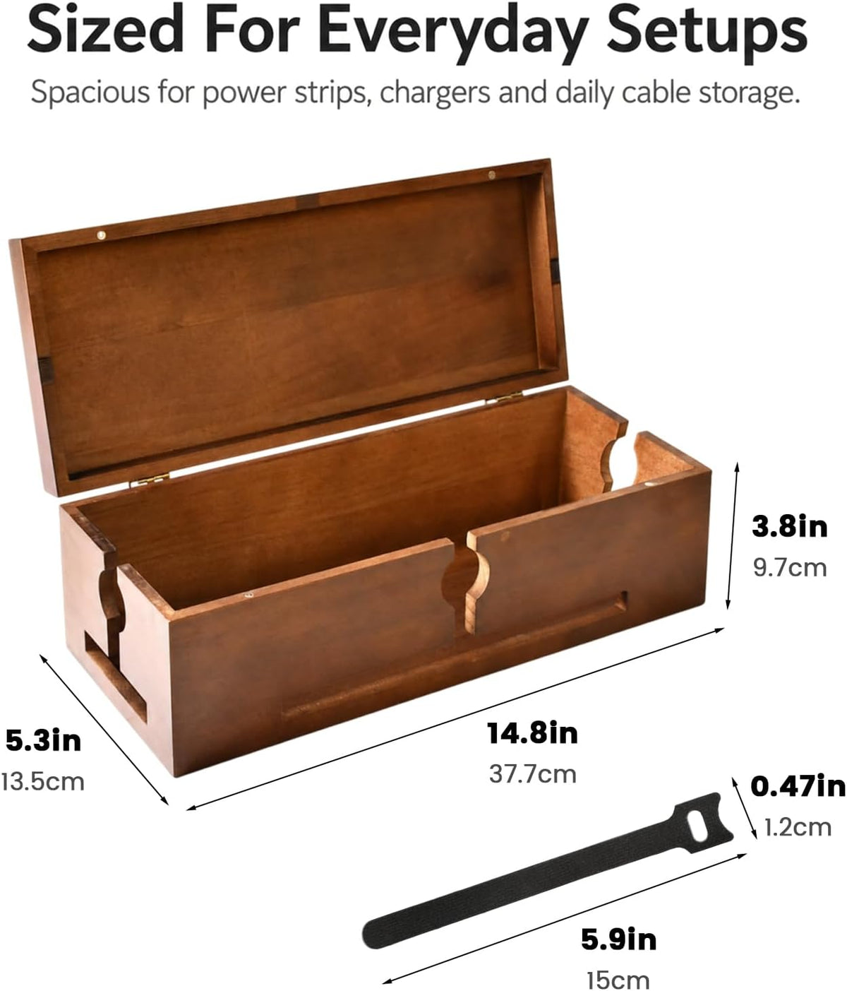 Wood Cable Management Box for Power Strip, Solid Wood Cord Organizer Box with Lid, Wire Storage Box for Desk, Living Room, Office and Media Setup