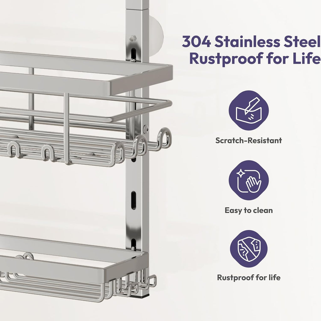 SWTYMIKI Over The Door Shower Caddy - 3 Tier Rustproof Hanging Shower Organizer with Adjustable Shelves, 28 Hooks & Soap Holder, Hanging Shower Rack Storage for Bathroom Accessories, Silver
