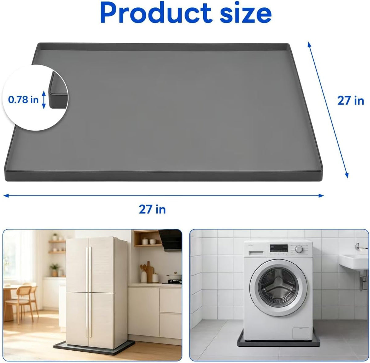 27"x27" Washing Machine Drain Pan Silicone Mat with 0.78" Raised Edge