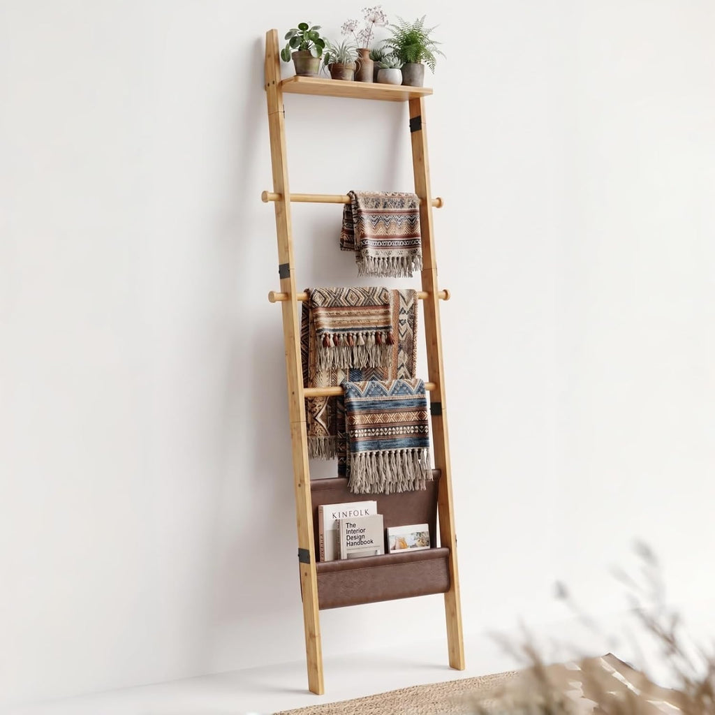 BAMBANG 71" 4-in-1 Blanket Ladder for Living Room, 5-Tier Leaning Bamboo Decorative Towel & Quilt Rack with Magazine Leather Pocket, 4 Detachable Hanging Bars, Space-Saving Shelf for Bedroom (Natural)