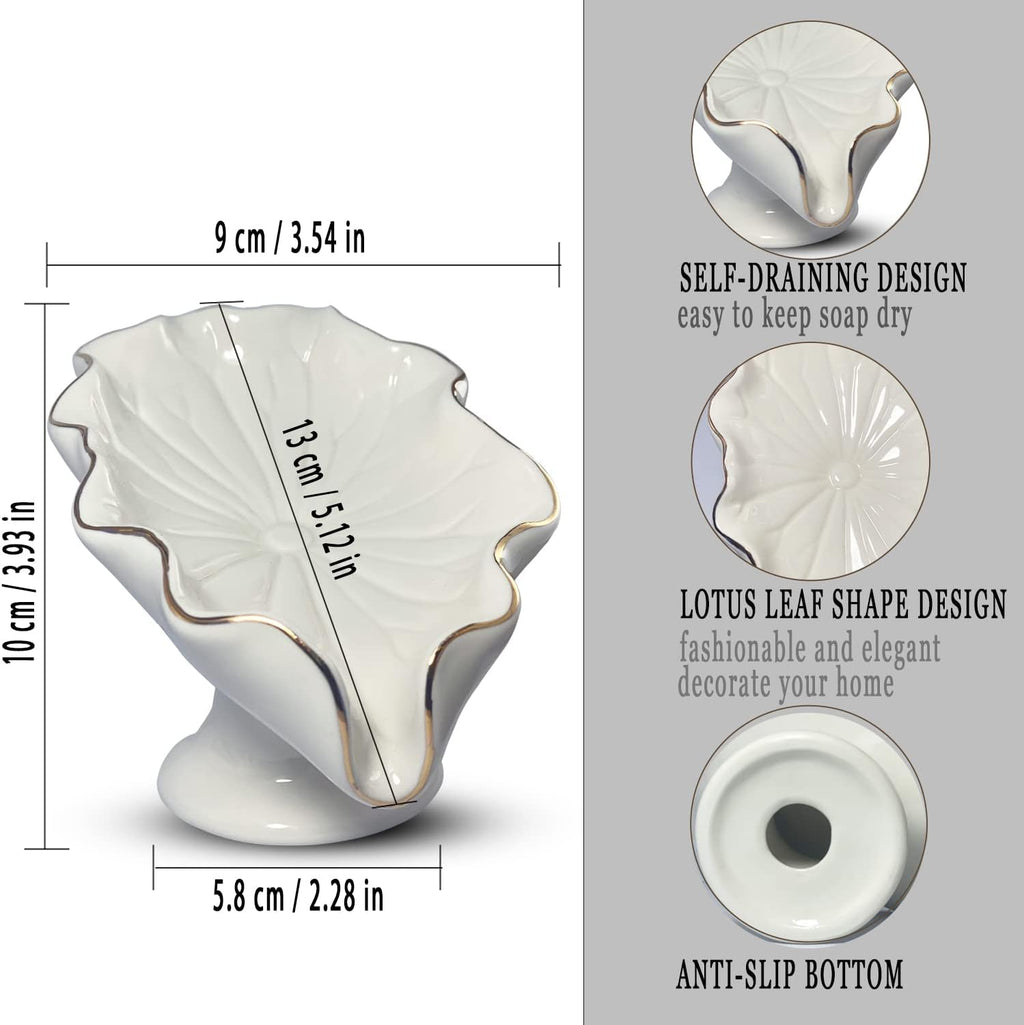 Bathroom Soap Dishes White, Lotus Leaf Soap Holder,Ceramic Soap Dish for Counter Top,Self Draining Soap Holder (White)