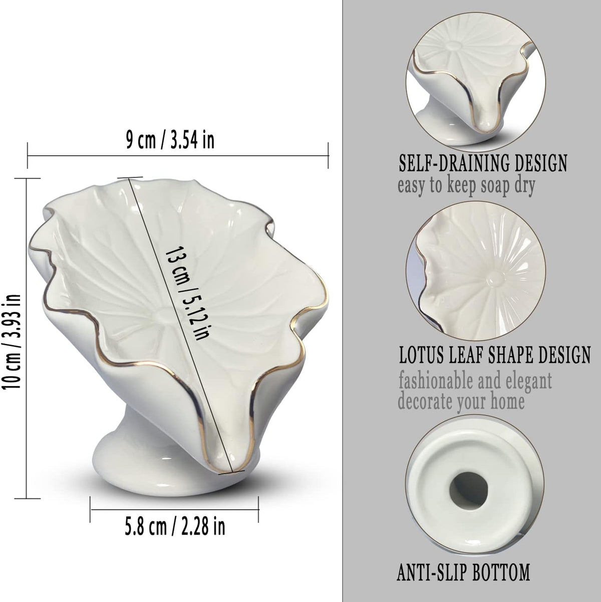 Bathroom Soap Dishes White, Lotus Leaf Soap Holder,Ceramic Soap Dish for Counter Top,Self Draining Soap Holder (White)