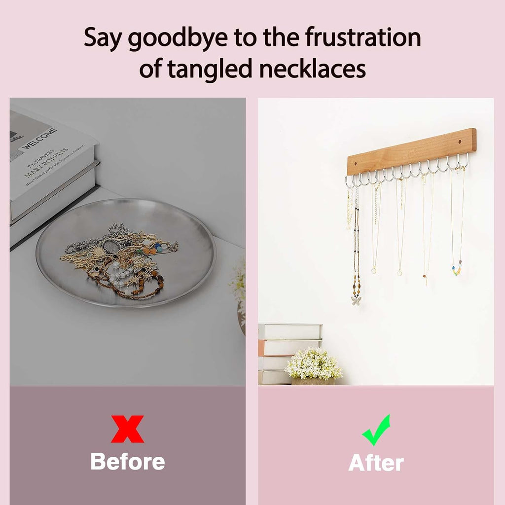 SCUNDA Wall Mounted Necklace Holder, Farmhouse Style Necklace Holder, Tangle Free Wall Jewelry Organizer with 28 Hooks(2 Packs,Natural)