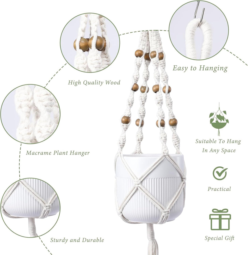 3 Pack Macrame Plant Hangers for 5-9 Inch Pots, Cotton Rope, Wooden Beads