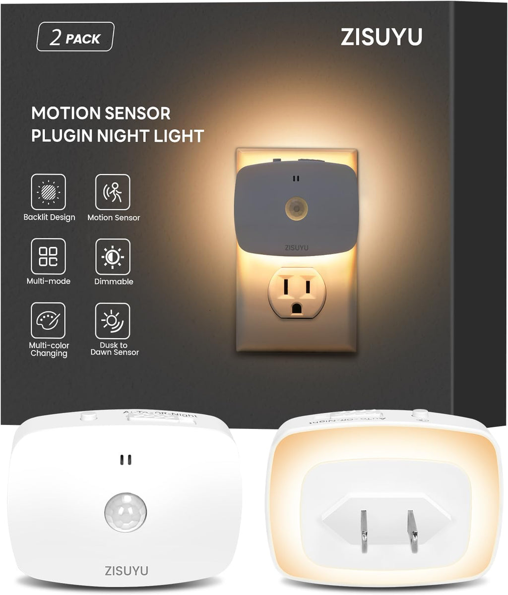 ZISUYU Plug-in LED Backlit Night Light with Motion Sensor & Dusk to Dawn Sensor, 10-60lm Dimmable Nightlight with Multi-Mode & Color-Changing, Ideal for Bedroom, Bathroom, Stairs, Hallway (2 Pack)