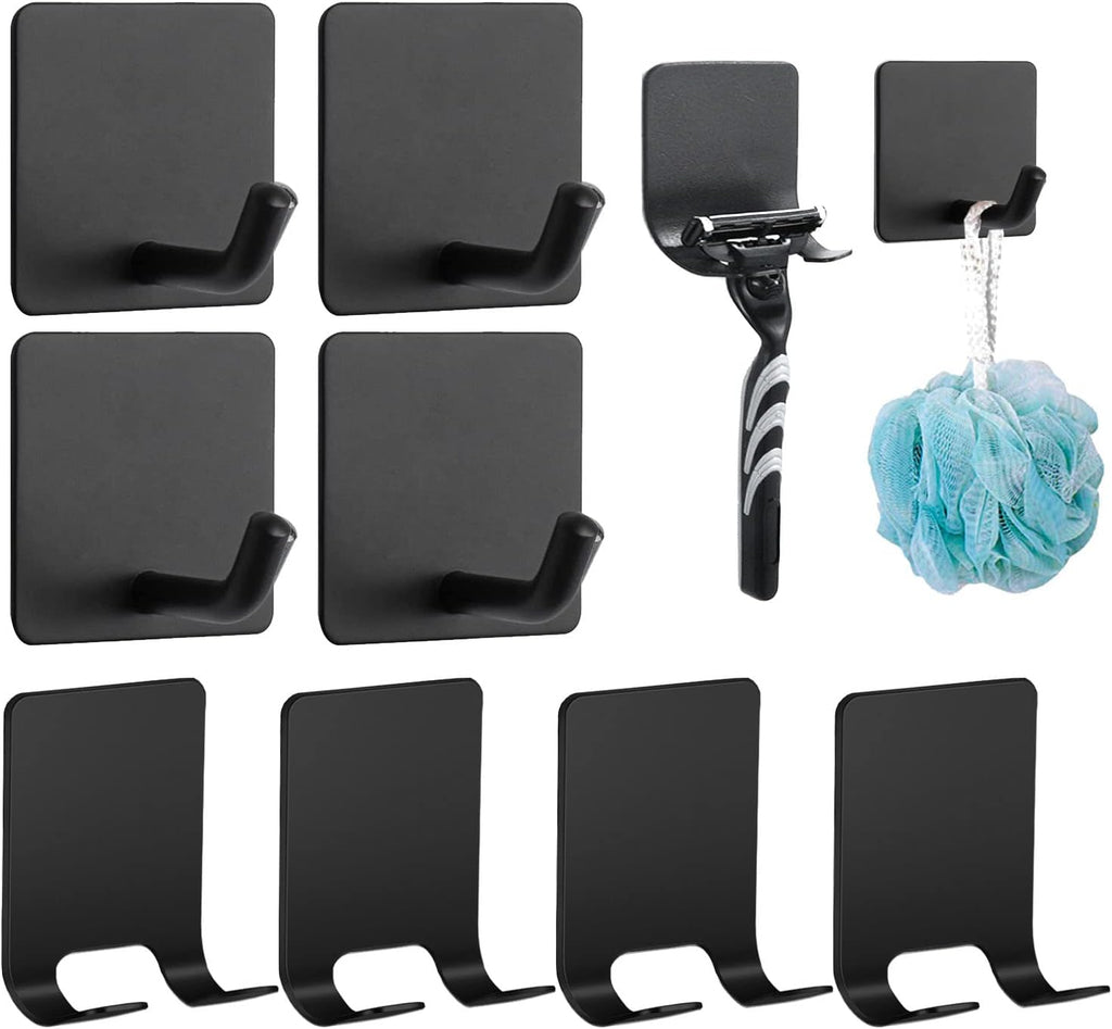 8 Pack Adhesive Hooks, 4 Pack Razor Holder for Shower and 4 Heavy Duty Waterproof Sticky Hooks for Hanging Towels, Loofah, Coat, Hat (Black)