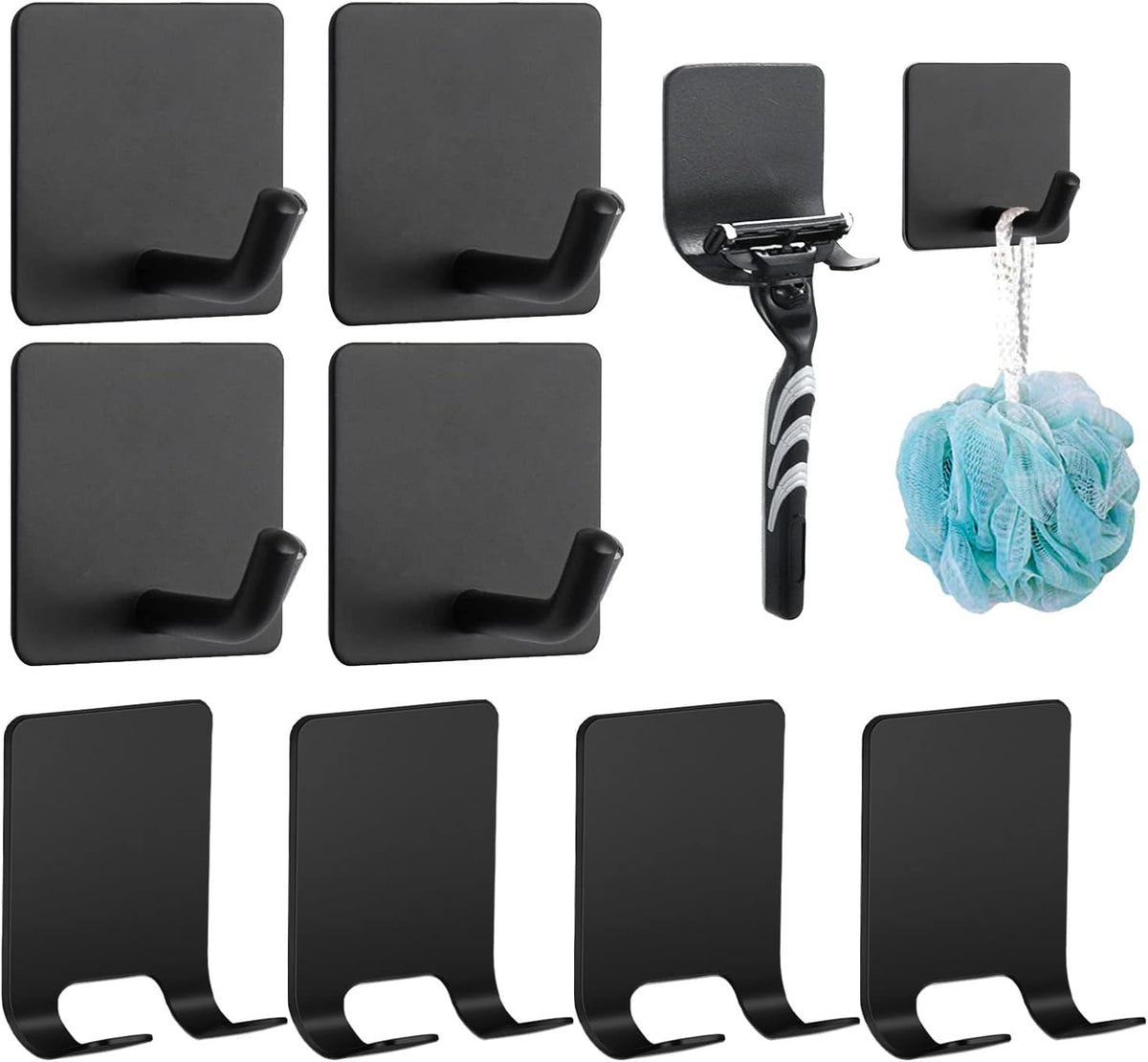 8 Pack Adhesive Hooks, 4 Pack Razor Holder for Shower and 4 Heavy Duty Waterproof Sticky Hooks for Hanging Towels, Loofah, Coat, Hat (Black)